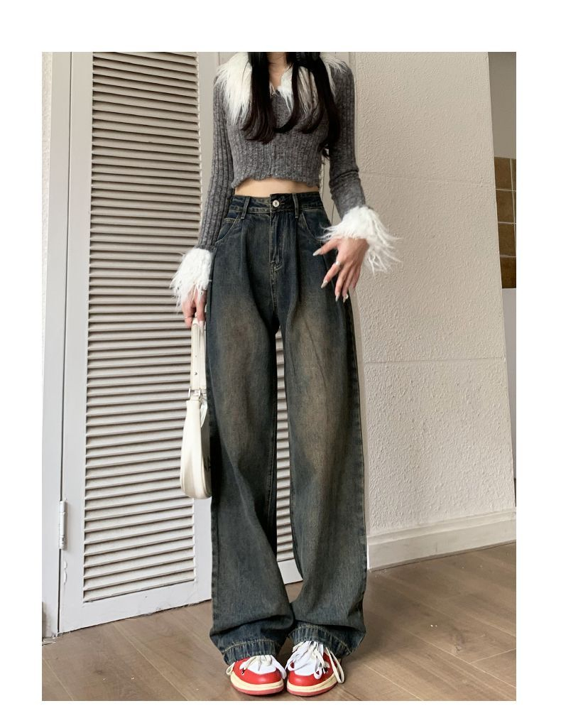 美式闊腿牛仔褲女秋冬2023年新款水泥灰高腰寬鬆直筒拖地褲子秋季