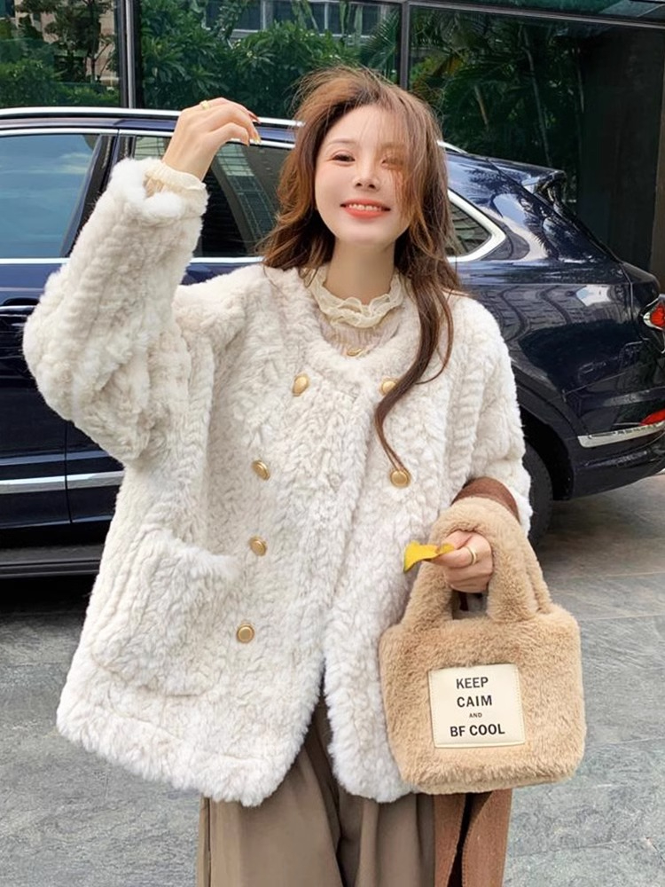 Soft and waxy small fragrant lambswool coat for women autumn and winter short thickened plush temperament and high-end little man's top