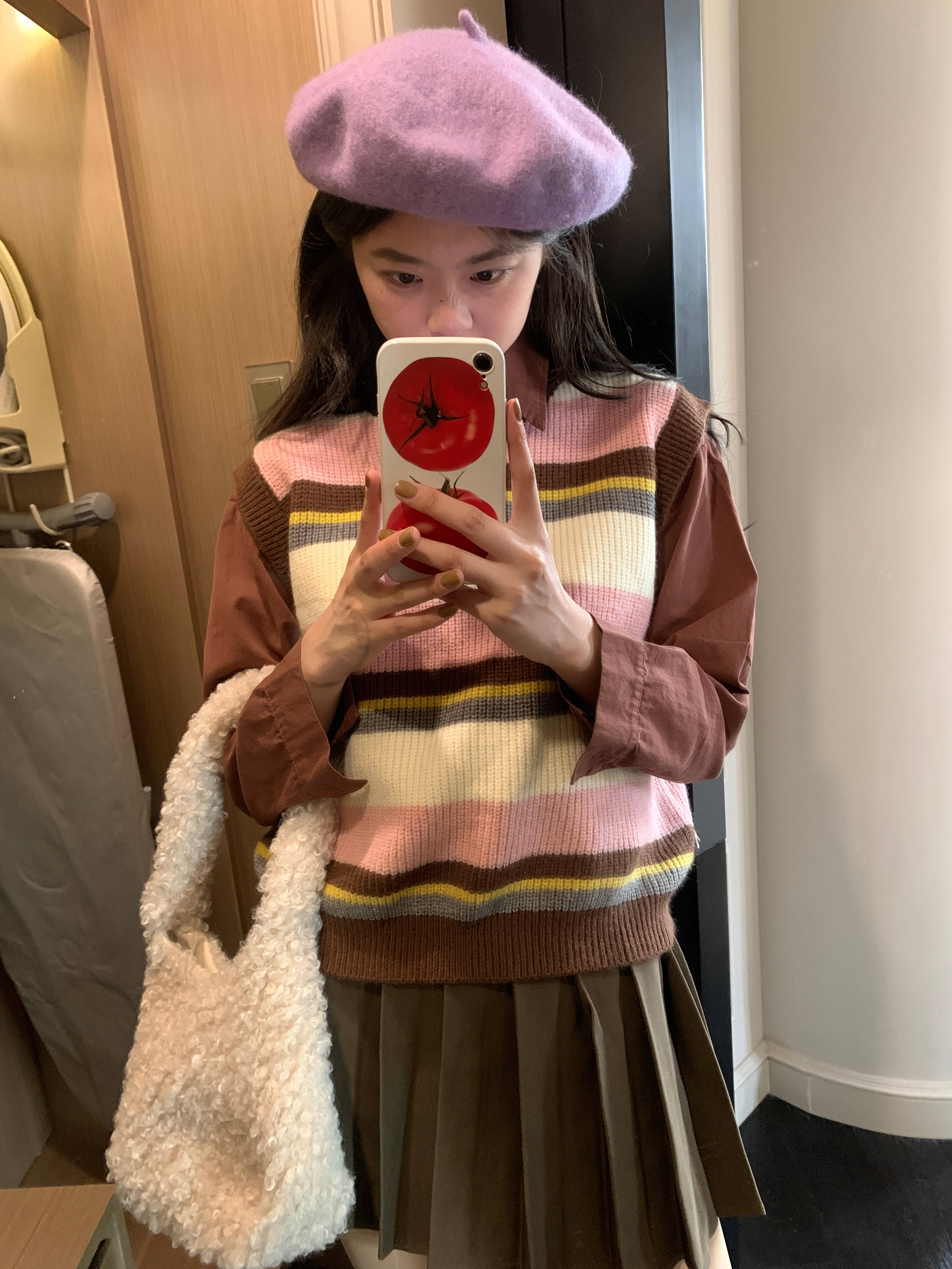 實拍咖色條紋學院風針織馬甲女灰色氣質秋季寬鬆套裝上衣背心