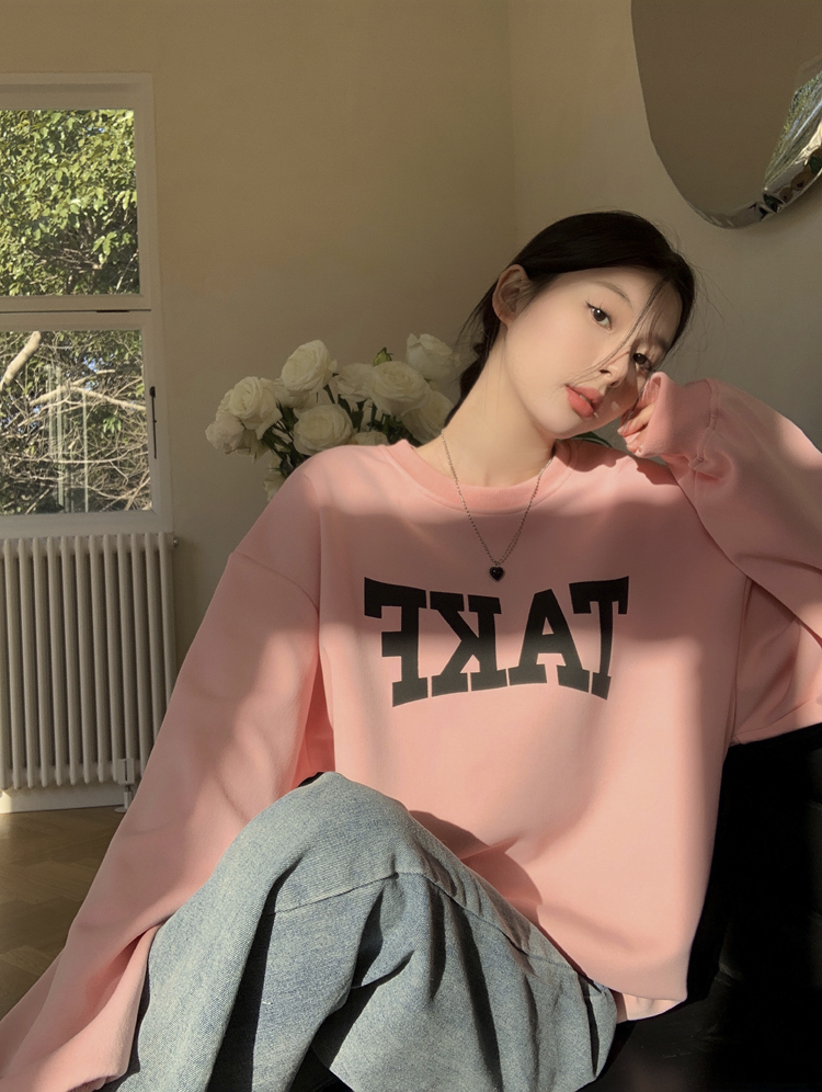 加絨加厚衛衣女裝秋冬新款美式復古圓領套頭寬鬆印花長袖上衣潮