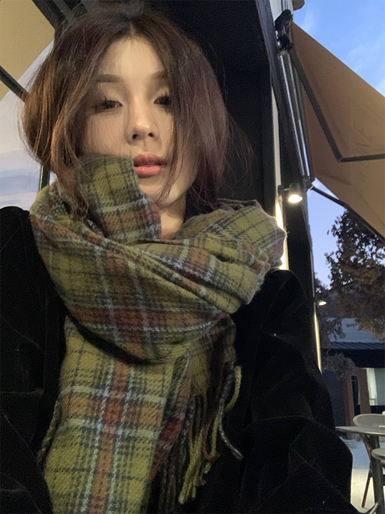 實拍 秋冬韓chic簡約百搭綠色格子保暖圍巾