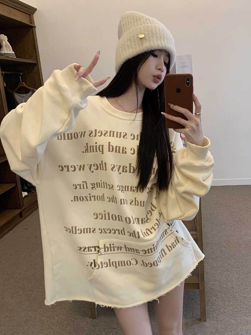 實拍 美式復古寬鬆毛邊套頭衛衣秋冬上衣