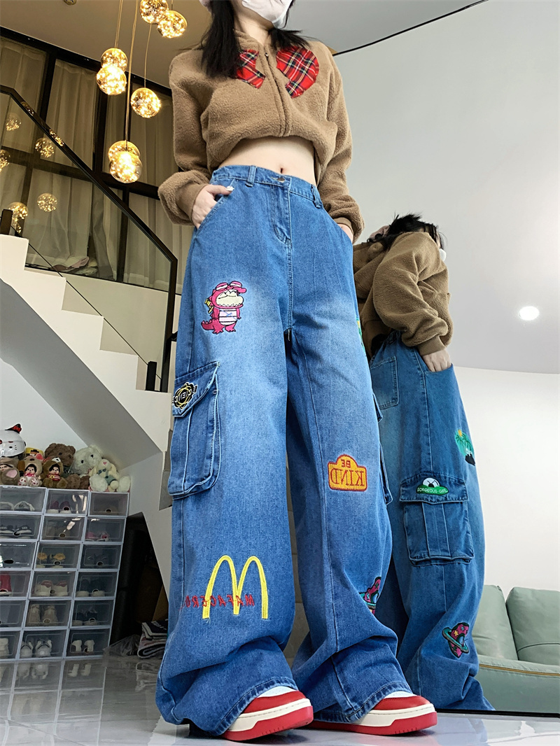 實拍！趣味卡通刺繡工裝牛仔褲女寬鬆顯瘦拖地闊腿直筒褲