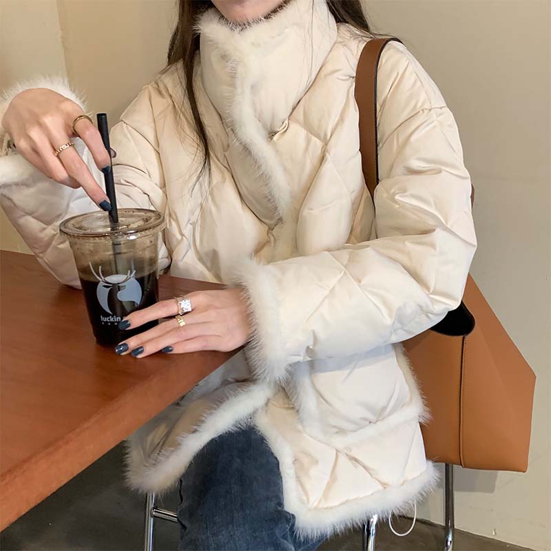 2023秋冬季新款氣質拼接水貂毛棉服女冬韓版寬鬆顯瘦立領保暖外套