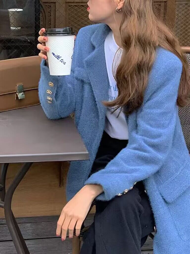 實拍三標齊寬鬆復古單排扣加厚毛呢外套