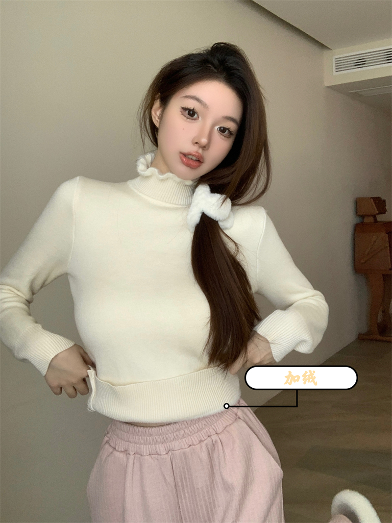 實拍 冬季新款2023年木耳邊加絨加厚打底衫女一體絨針織毛衣