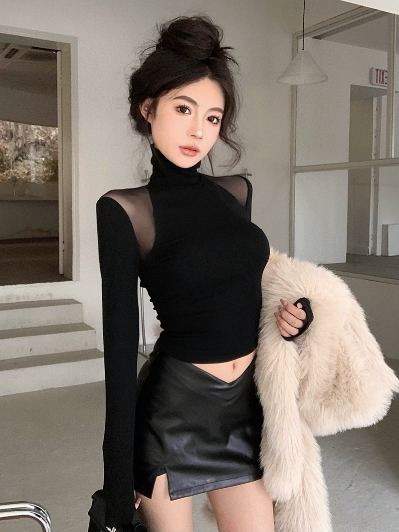 實拍秋冬美式復古黑白性感透視網紗拼接高領內搭加絨打底衫