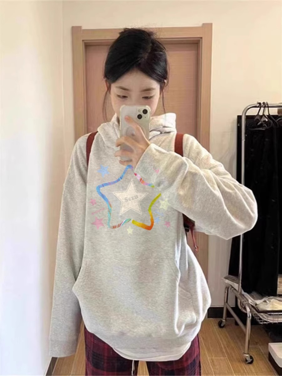 純棉 加銀狐絨 美式小眾彩色五角星印花連帽衛衣