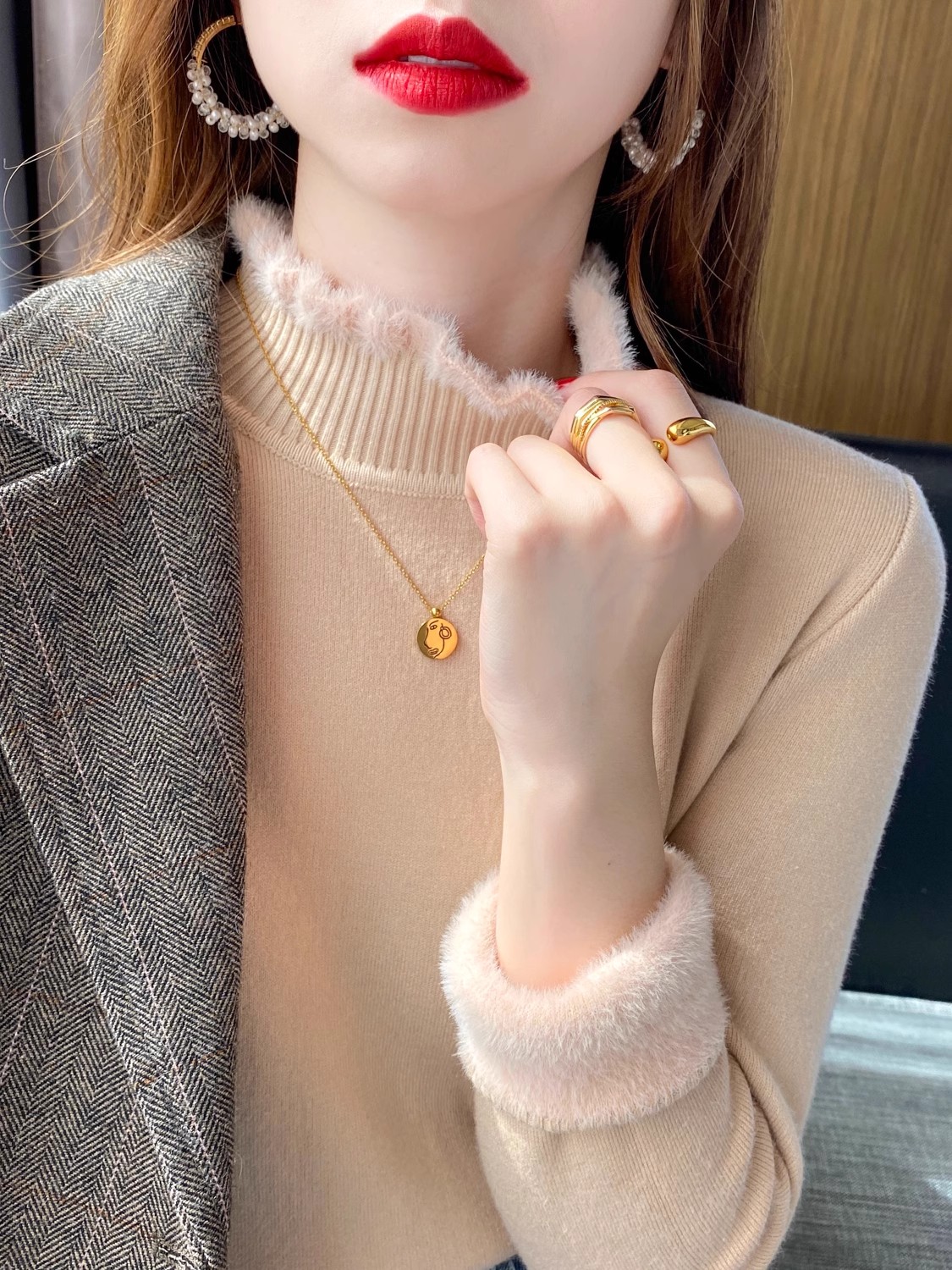 加絨毛衣女加厚秋冬新款半高領套頭保暖一體絨內搭打底衫外穿毛衣