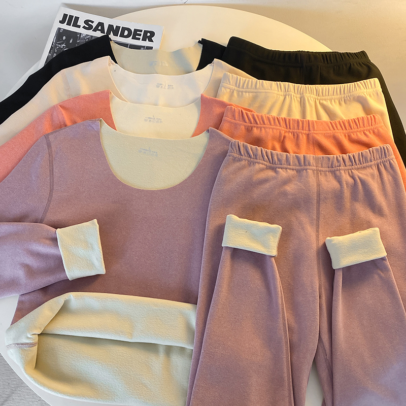 Real shot of German velvet thermal underwear for women, plus velvet and thickened inner wear, self-heating bottoming shirt, seamless autumn clothes and long trousers set
