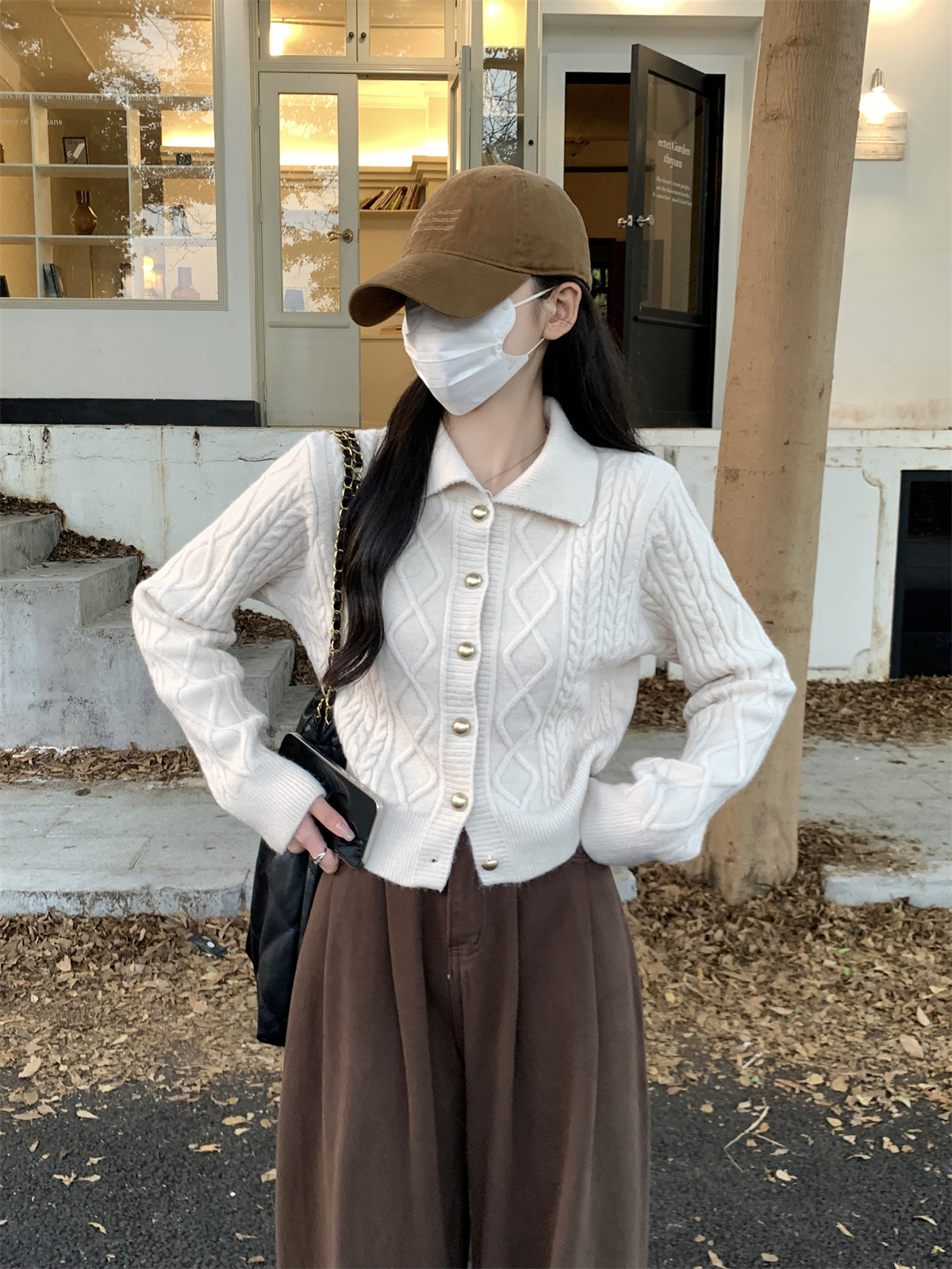 實拍 秋冬韓版polo領純色麻花北極絨短款針織開衫毛衣外套女