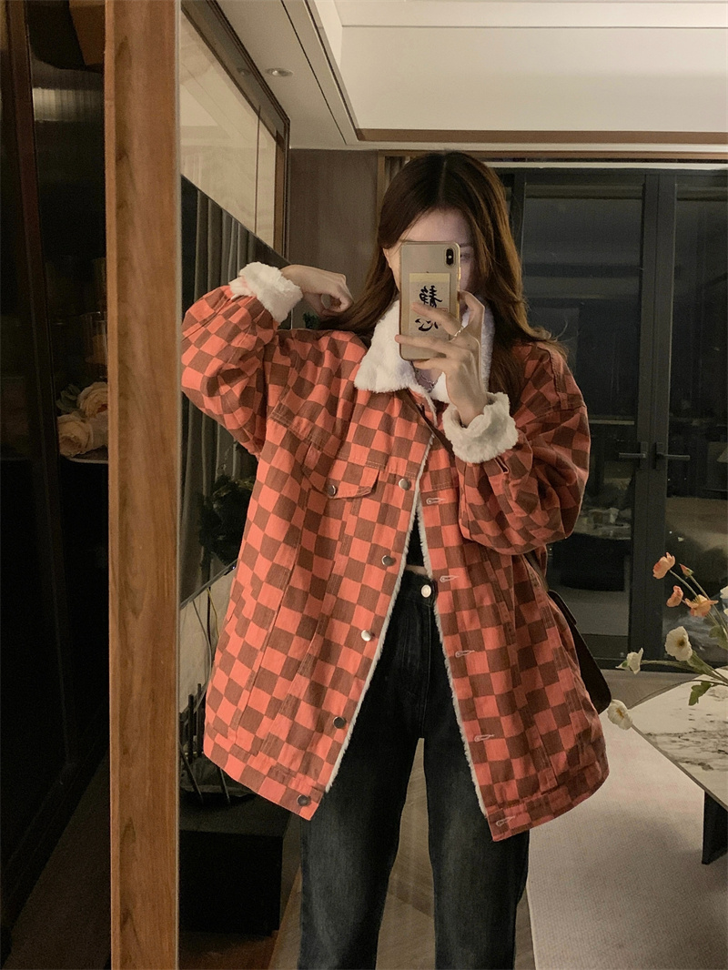 實拍棋盤格子牛仔棉衣外套女秋冬季新款復古寬鬆加絨加厚棉服棉襖