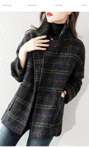 New plaid suit woolen coat 2023 autumn and winter women's Korean version loose retro plaid woolen coat mid-length