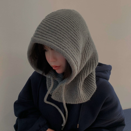 韩国保暖复古抽绳针织围脖一体防寒毛线帽子