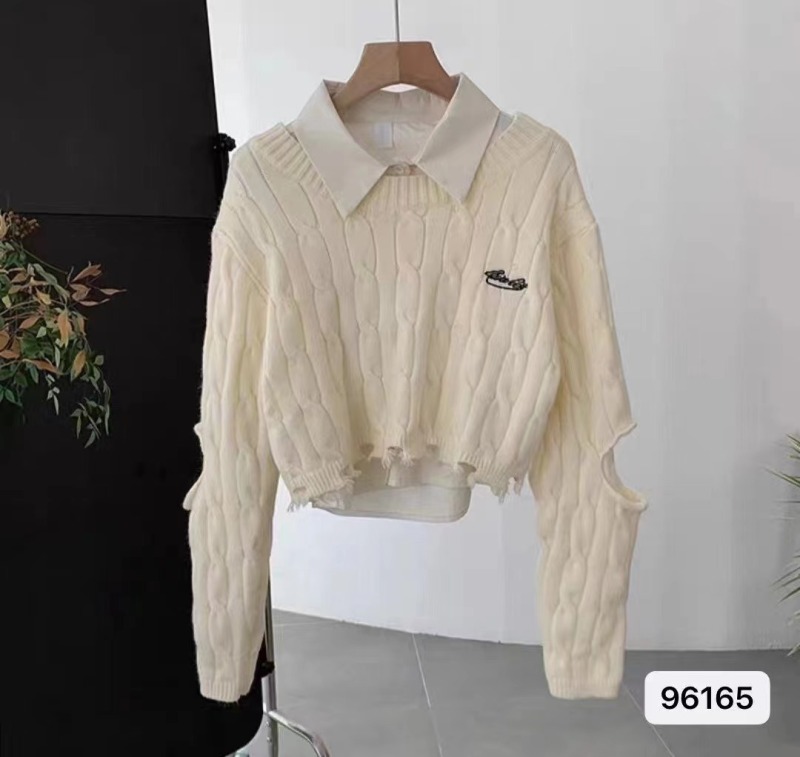 外穿破洞刺繡灰色麻花毛衣女2023秋冬新款寬鬆短款疊穿針織衫上衣