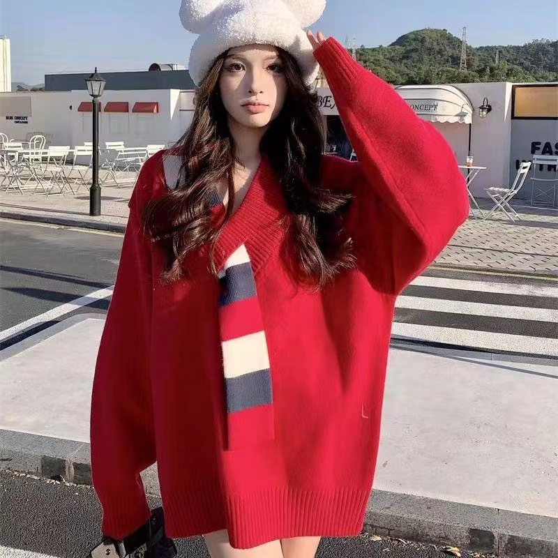 圍巾領加厚毛衣女冬季新款中長款慵懶風軟糯綿羊絨針織衫套頭上衣
