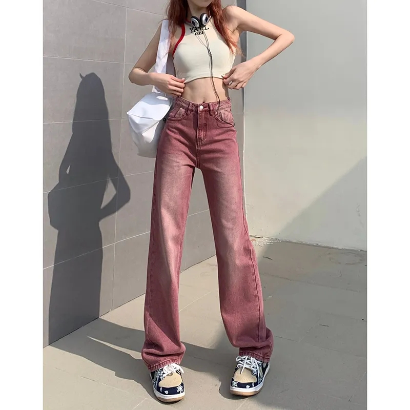 復古做舊豆沙紅直筒牛仔褲女2023年春季新款高腰寬鬆顯瘦闊腿褲子