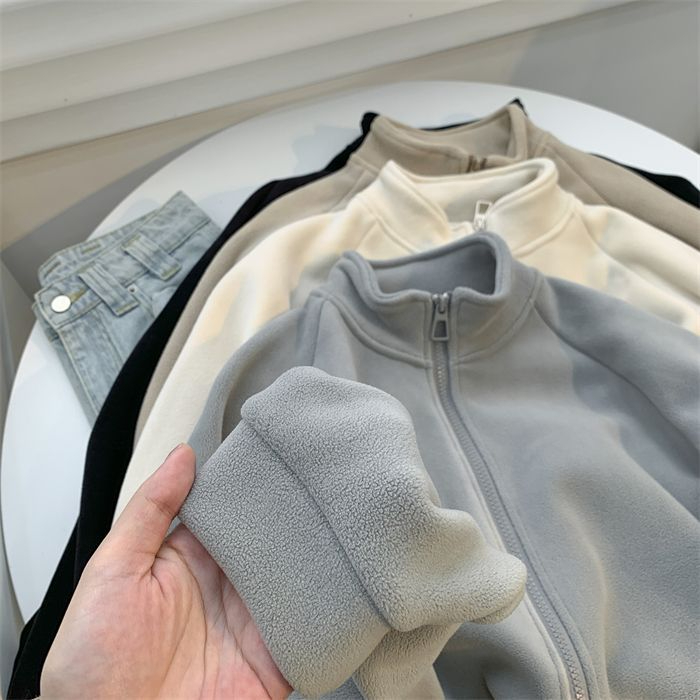 Double-sided warm velvet zipper coat cardigan for women 2023 winter Korean style solid color loose coat top for women