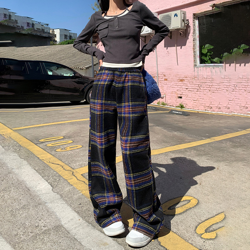實拍復古格紋寬鬆闊腿褲高腰毛呢直筒褲厚款冬季休閒褲女長褲加長