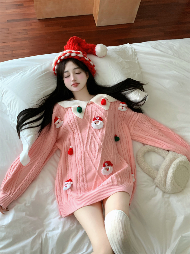 秋冬甜美軟糯套頭聖誕毛衣女裝設計感小眾娃娃領針織衫上衣