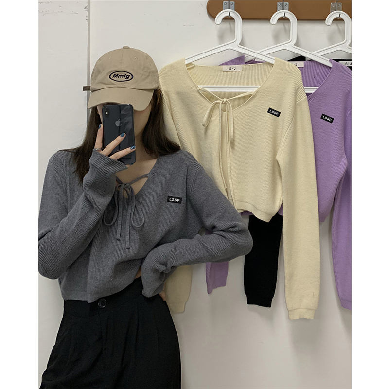 打底毛衣女秋季新款寬鬆洋氣減齡設計感系帶長袖針織上衣女