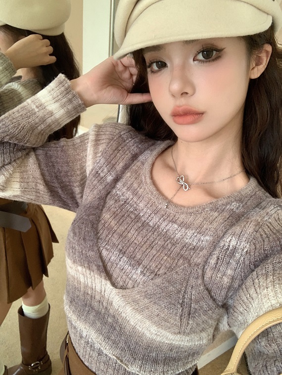 實拍純欲辣妹扎染長袖羊毛針織衫女秋季緊身假兩件打底衫上衣