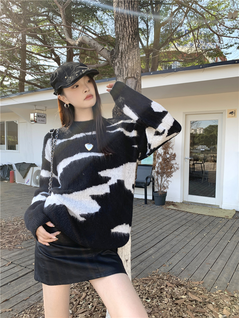 實拍 優質新款設計感斑馬紋套頭寬鬆顯瘦針織衫軟糯毛衣女
