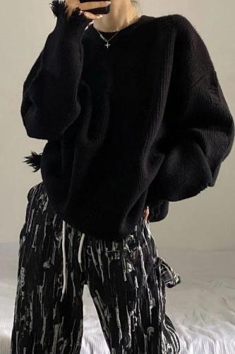 秋冬新款大板型黑色毛衣宽松慵懒风套头长袖设计感小众破洞上衣