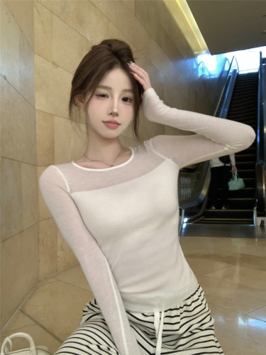 Actual shot ~ Round neck spliced ​​long-sleeved knitted bottoming shirt, Korean style slimming and slimming inner top