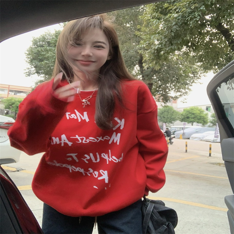 絨加厚聖誕紅色衛衣女秋冬新款美式字母印花寬鬆中長款套頭上衣