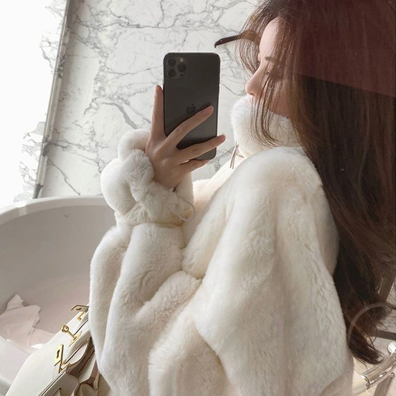 Korean style imitation fur coat for women in autumn and winter loose imitation rex rabbit fur plus velvet thickened stand collar zipper sweatshirt plush versatile