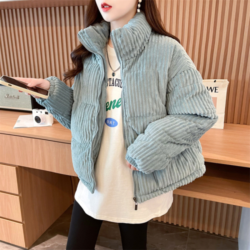 First real shot of the new corduroy down cotton coat for women, Korean version, stand collar, loose, Internet celebrity, thickened, warm cotton coat for women