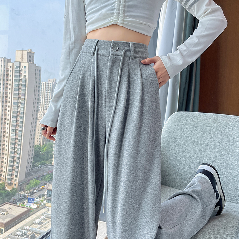 灰色運動褲女春秋小個子顯瘦高腰垂感窄版闊腿褲顯高直筒休閒衛褲