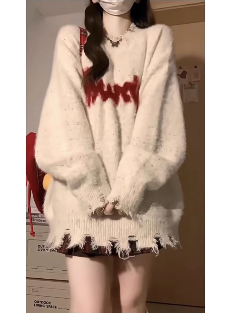 國潮字母刺繡毛衣女秋冬新款慵懶風寬鬆學院風外搭針織衫圓領上衣