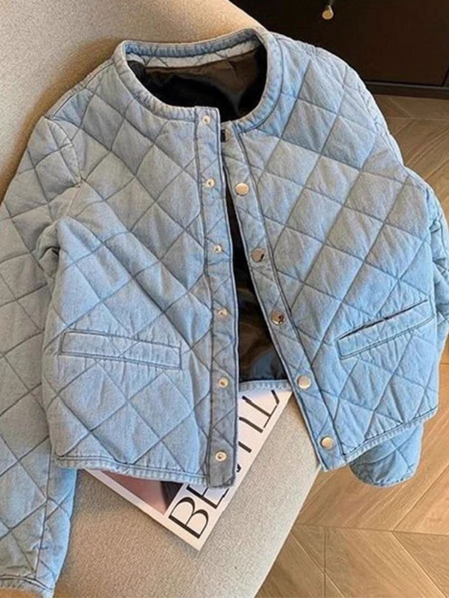 Blue diamond quilted round neck denim jacket for women new 2023 autumn and winter short retro small man cotton coat