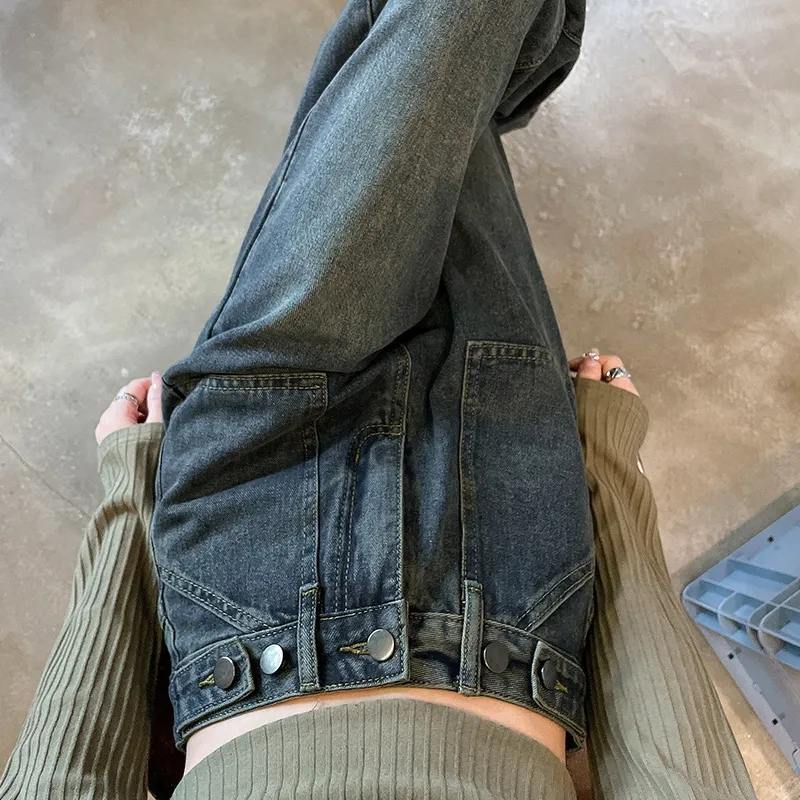 水泥灰復古闊腿牛仔褲女秋裝高腰腰圍可調窄版收腰寬鬆直筒拖地褲