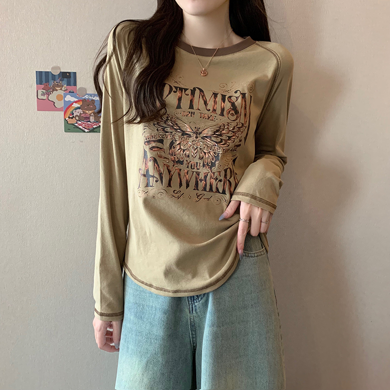 實拍 春秋1*1螺紋210克圓領拼色印花明線裝飾打底衫上衣長袖t恤女