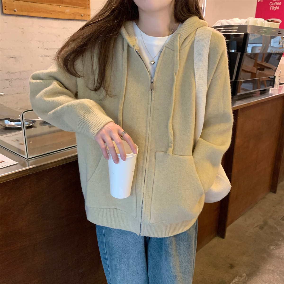 實拍 秋冬韓版連帽寬鬆慵懶北極絨拉鏈針織開衫毛衣外套女
