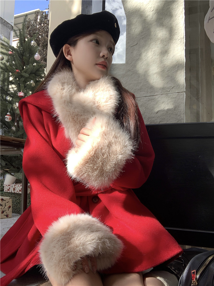 Real shot~Korean cashmere waist-cinching padded coat, heavy industrial cape, temperament woolen coat for women