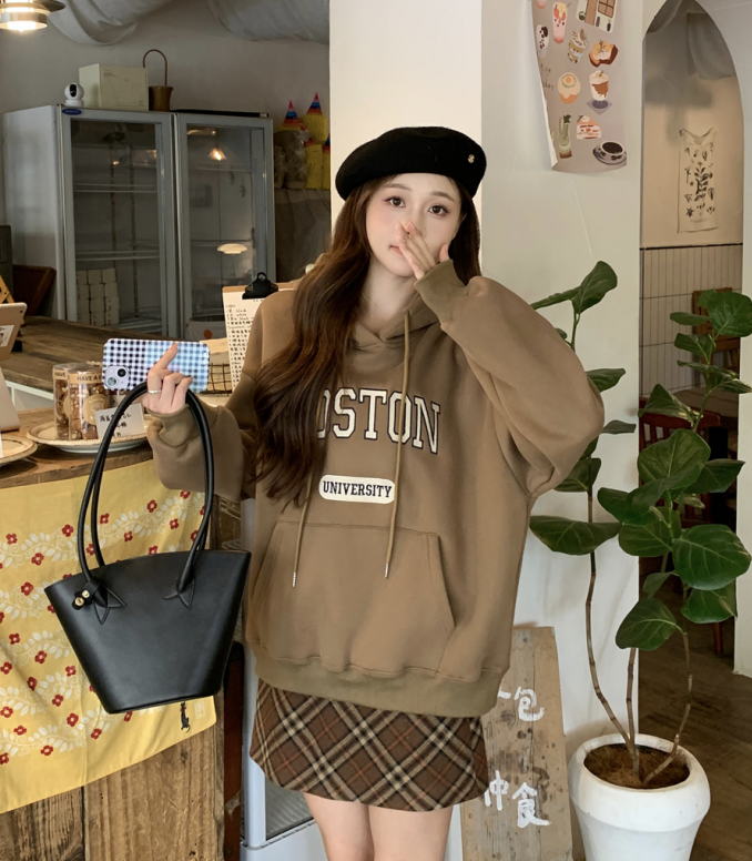 實拍！美式寬鬆字母刺繡加絨連帽衛衣慵懶風百搭上衣