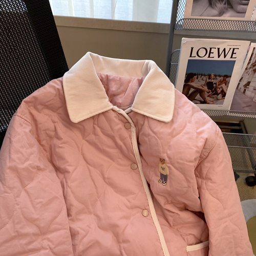 Pink bear embroidery stitching lapel padded jacket for women autumn and winter new style gentle and sweet warm corduroy cotton jacket
