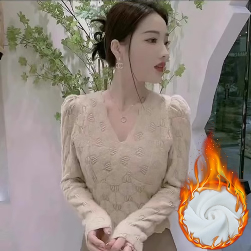 秋冬加絨加厚V領蕾絲衫女春秋磨毛顯瘦內搭長袖打底衫洋氣質上衣