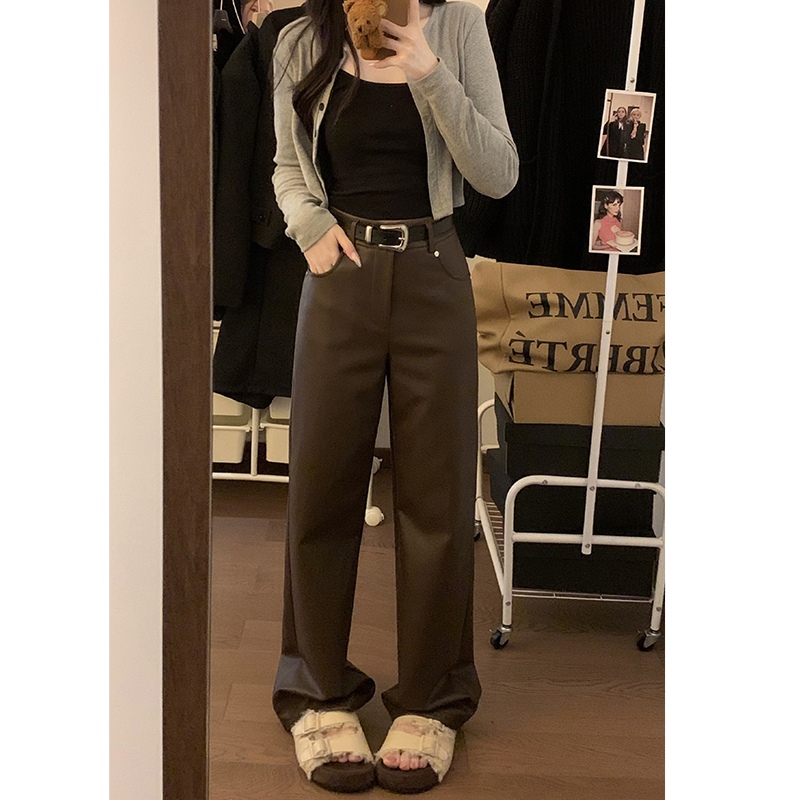 實拍2023秋冬季新款修身叭顯瘦高腰皮革pu長褲皮褲女