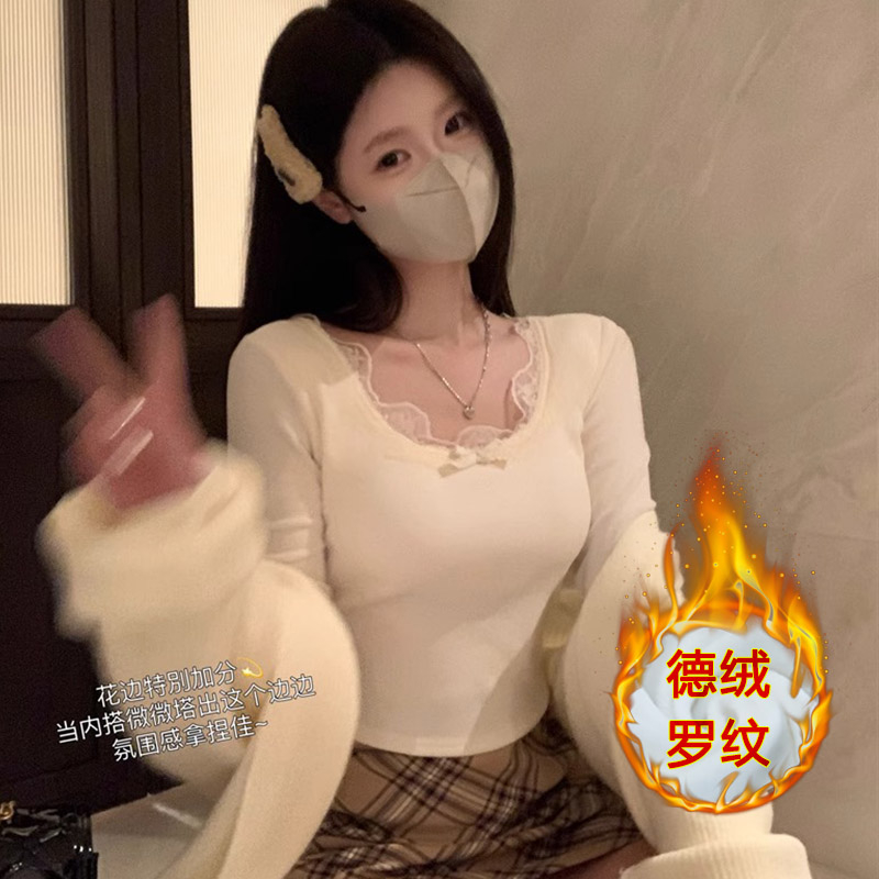 帶胸墊蕾絲純欲T恤女秋冬新款bm內搭短款長袖打底衫上衣