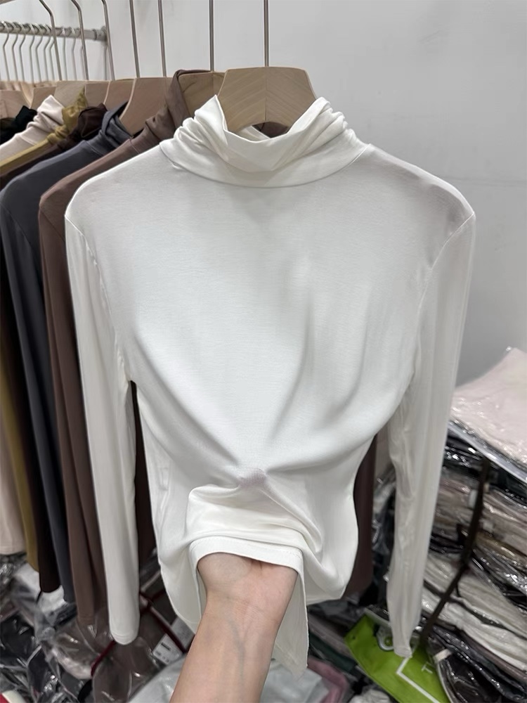 Pile collar facial mask long-sleeved T-shirt for women 2023 autumn new slim fit inner solid color turtleneck bottoming shirt top