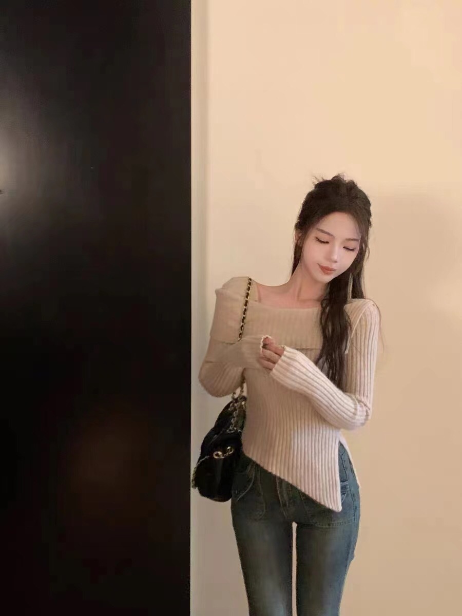 不規則一字肩毛衣打底衫女秋冬高級感別致漂亮配大衣內搭針織上衣