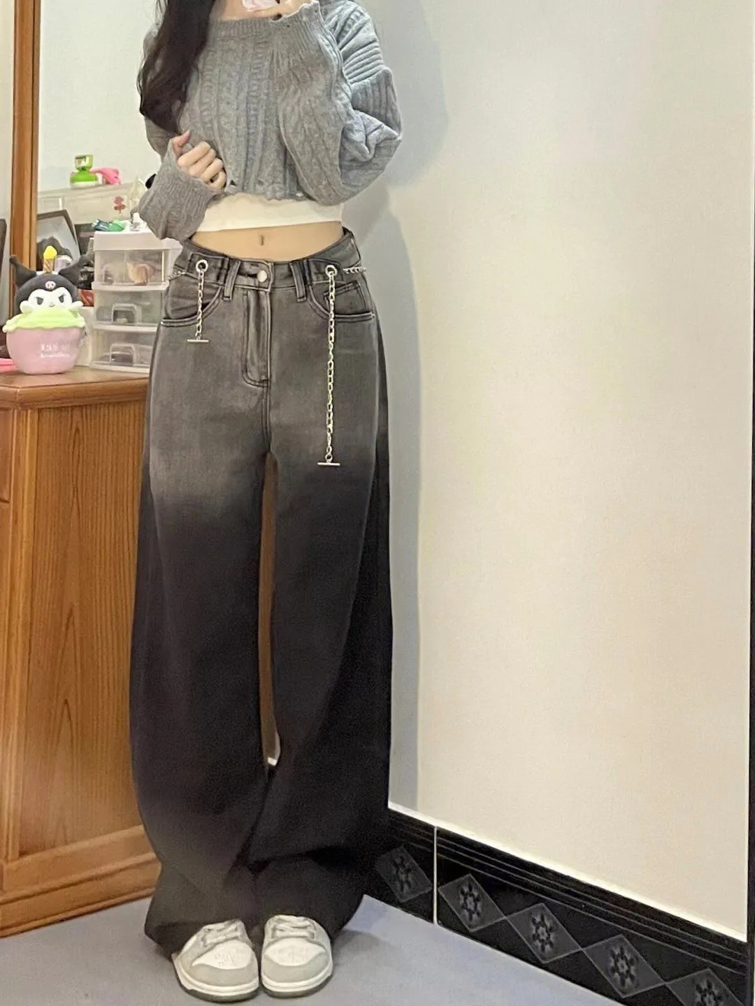 復古港風洗水漸變黑色牛仔褲女春季新款高街直筒垂感拖地長褲子潮