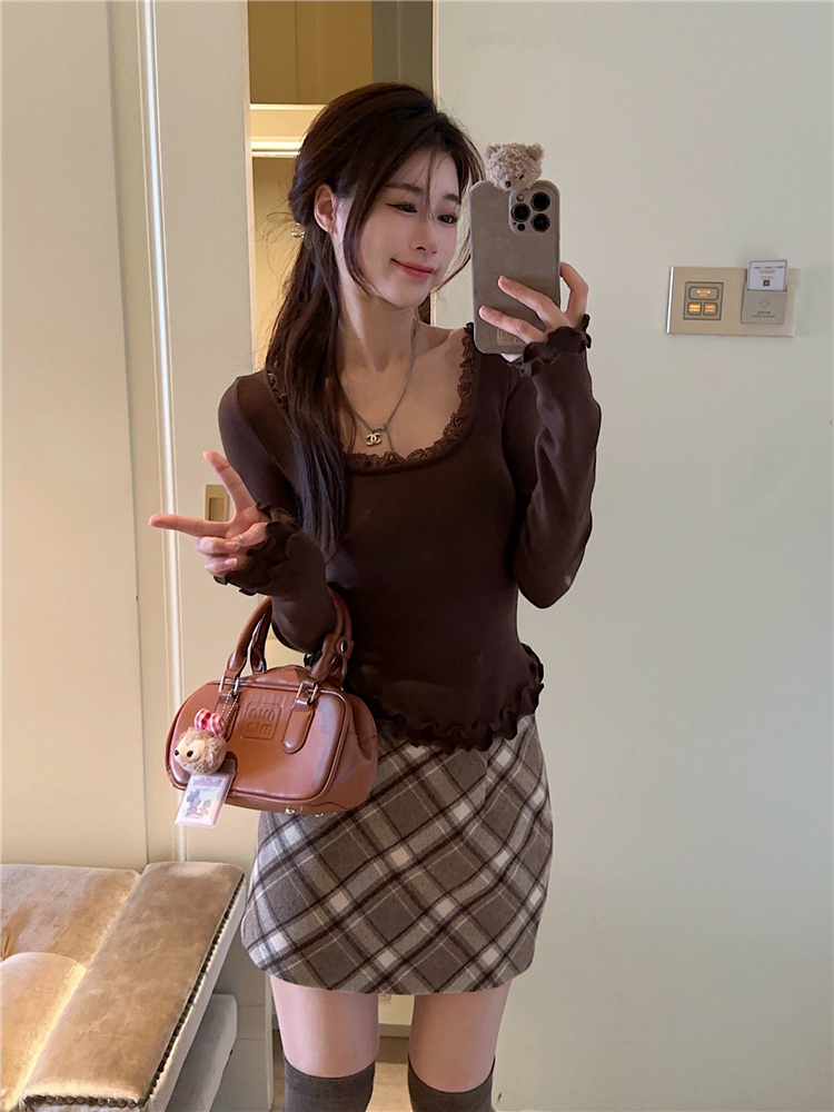 實拍~復古時尚百搭氣質顯瘦磨毛T恤女+復古格子半身裙套裝