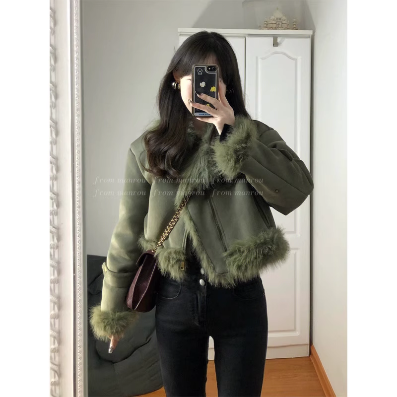 Fur integrated suede turtleneck short coat for women winter plush thickened warm loose long-sleeved cardigan top