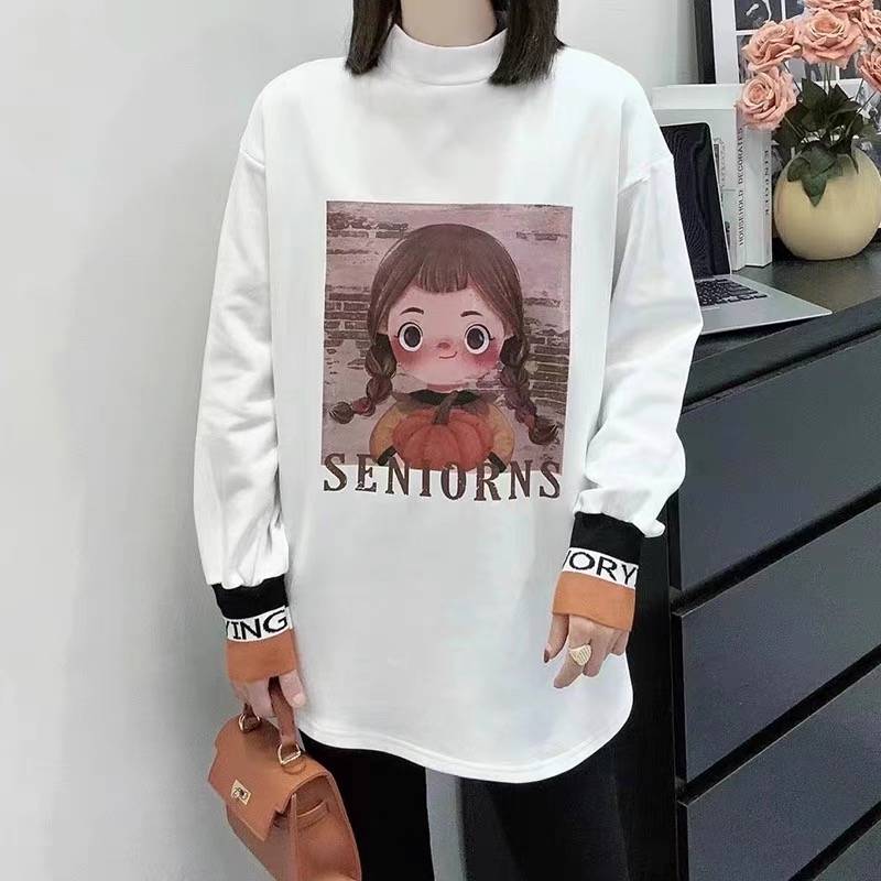 洋氣減齡半高領長袖t恤女2023秋冬寬鬆中長款內搭加絨打底衫上衣